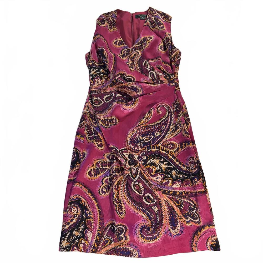 Lauren Ralph Lauren Dress Womens 6P Fuchsia Sleeveless Ruched Sheath‎ Paisley